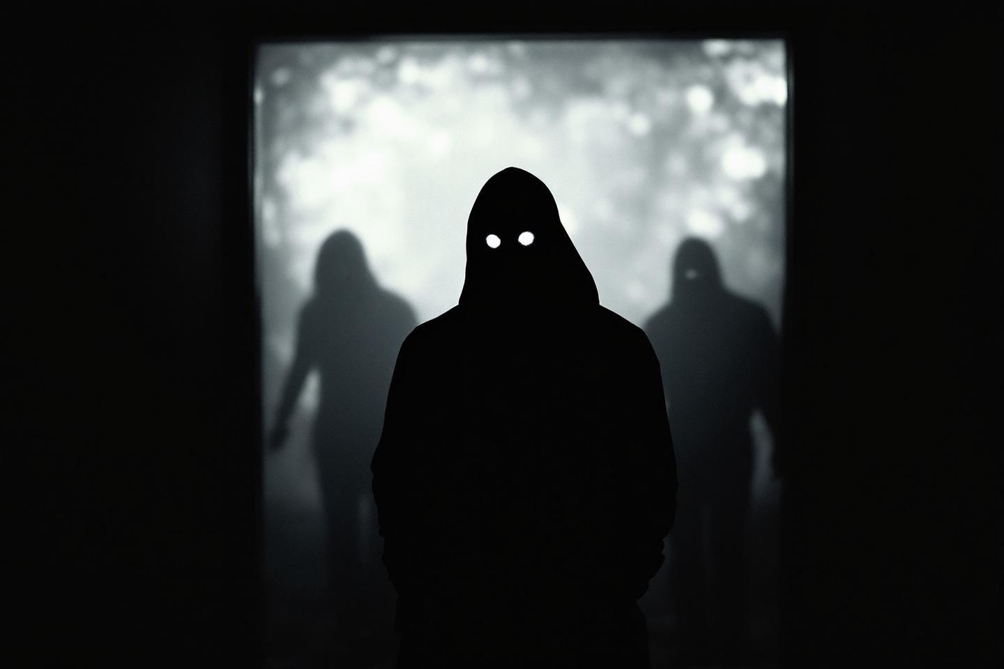 Figures sombres avec yeux brillants dans un paysage brumeux