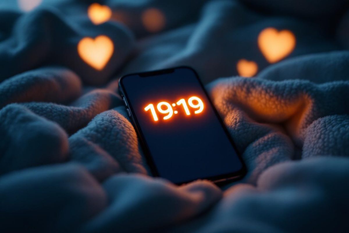 Écran de téléphone affichant 19:19 dans un environnement de cœurs lumineux