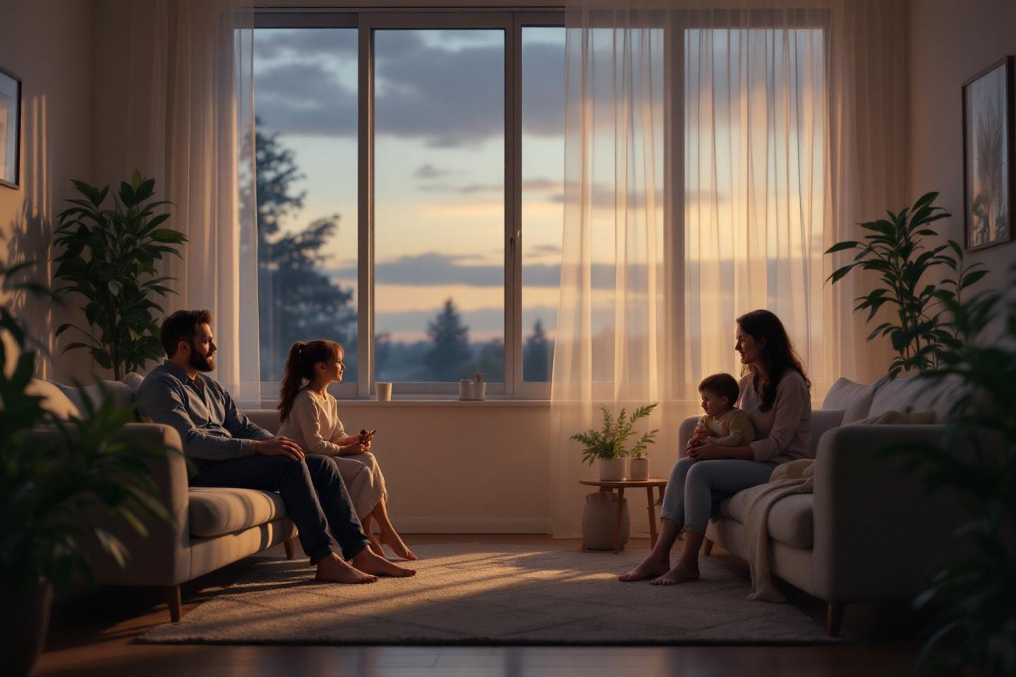 Famille dans un salon lumineux avec vue sur le coucher de soleil