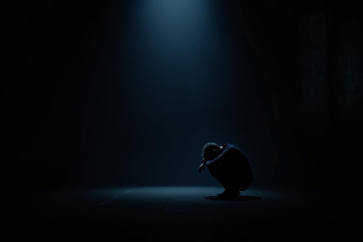 Silhouette recroquevillée, seule dans un espace sombre éclairé