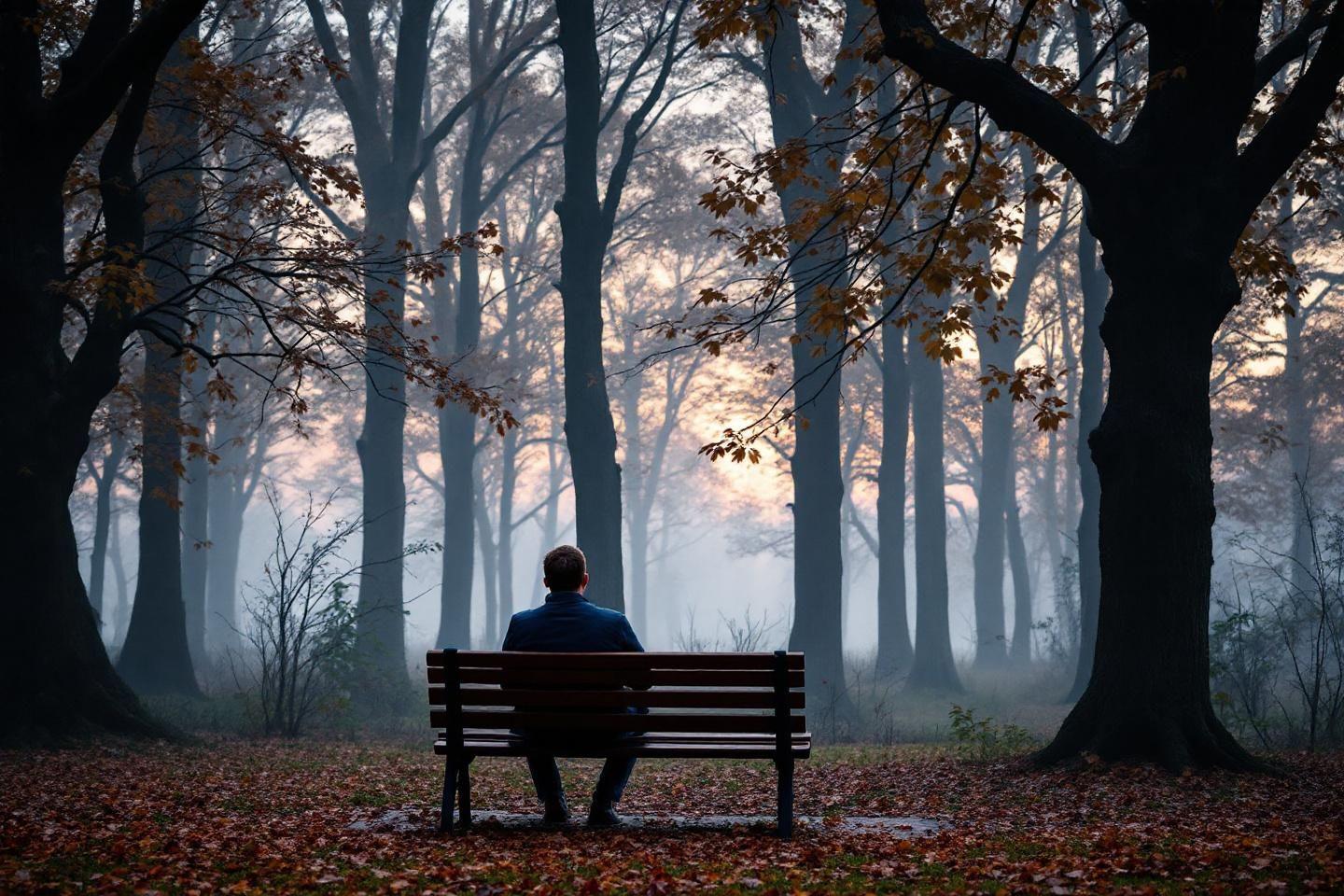 Silhouette assise sur un banc dans une forêt brumeuse