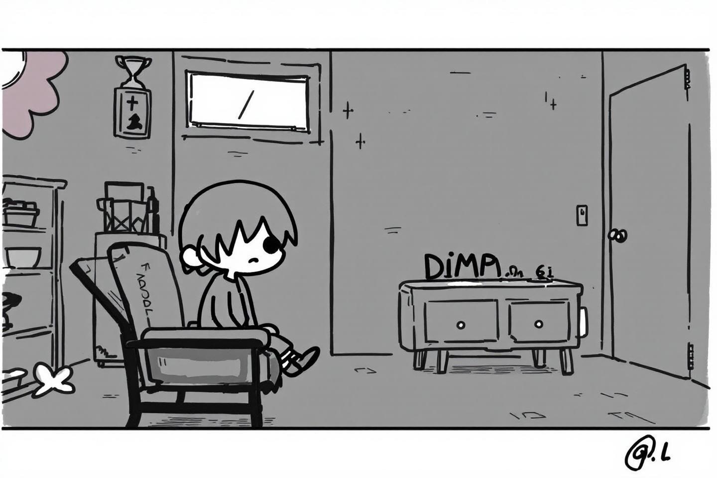 Personnage dessiné seul dans une chambre minimaliste