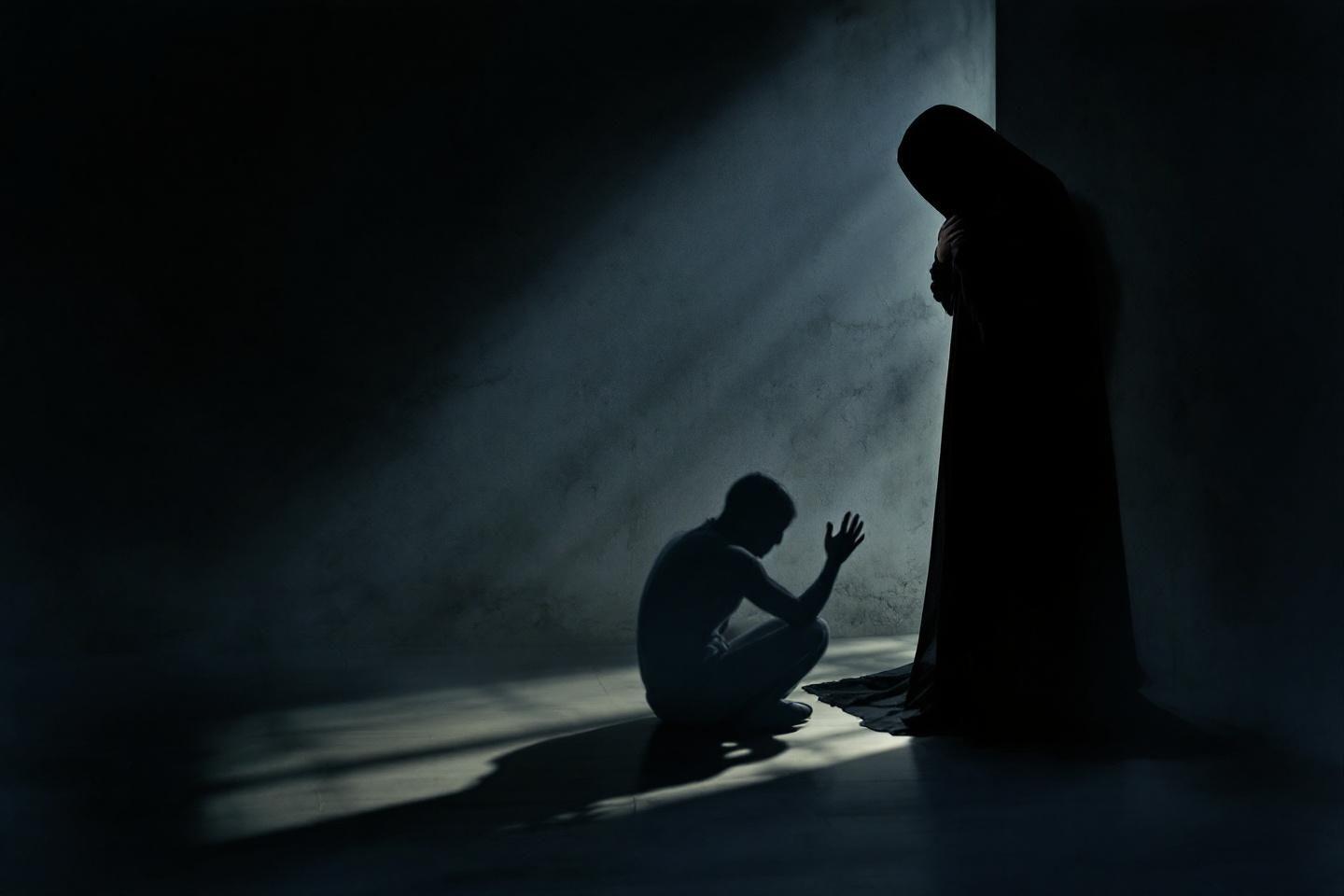 Silhouette recroquevillée près d'une figure sombre et imposante