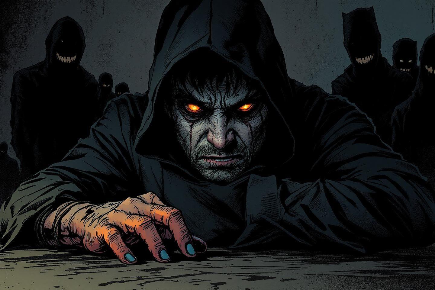 Créature encapuchonnée aux yeux lumineux entourée d'ombres menaçantes