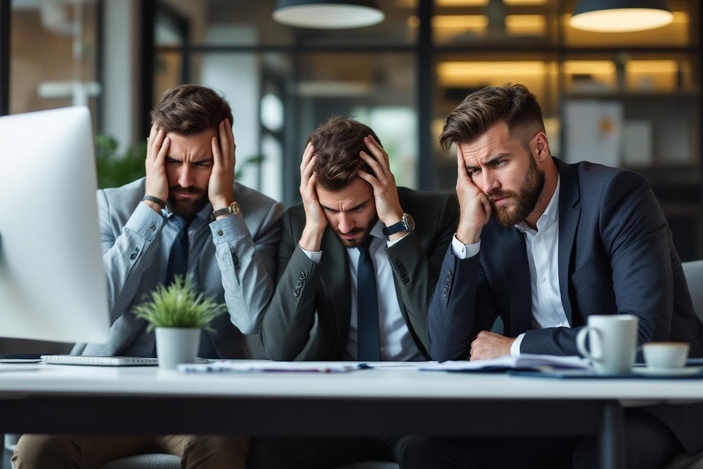 Trois hommes d'affaires stressés au bureau, mains sur la tête