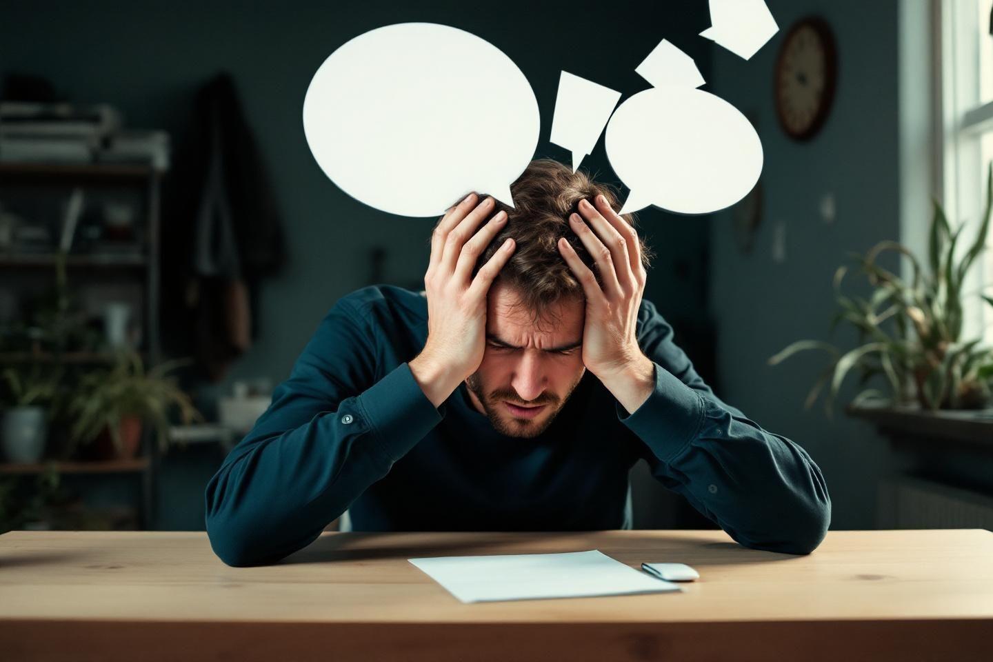 Homme stressé, mains sur la tête, bulles de pensées blanches