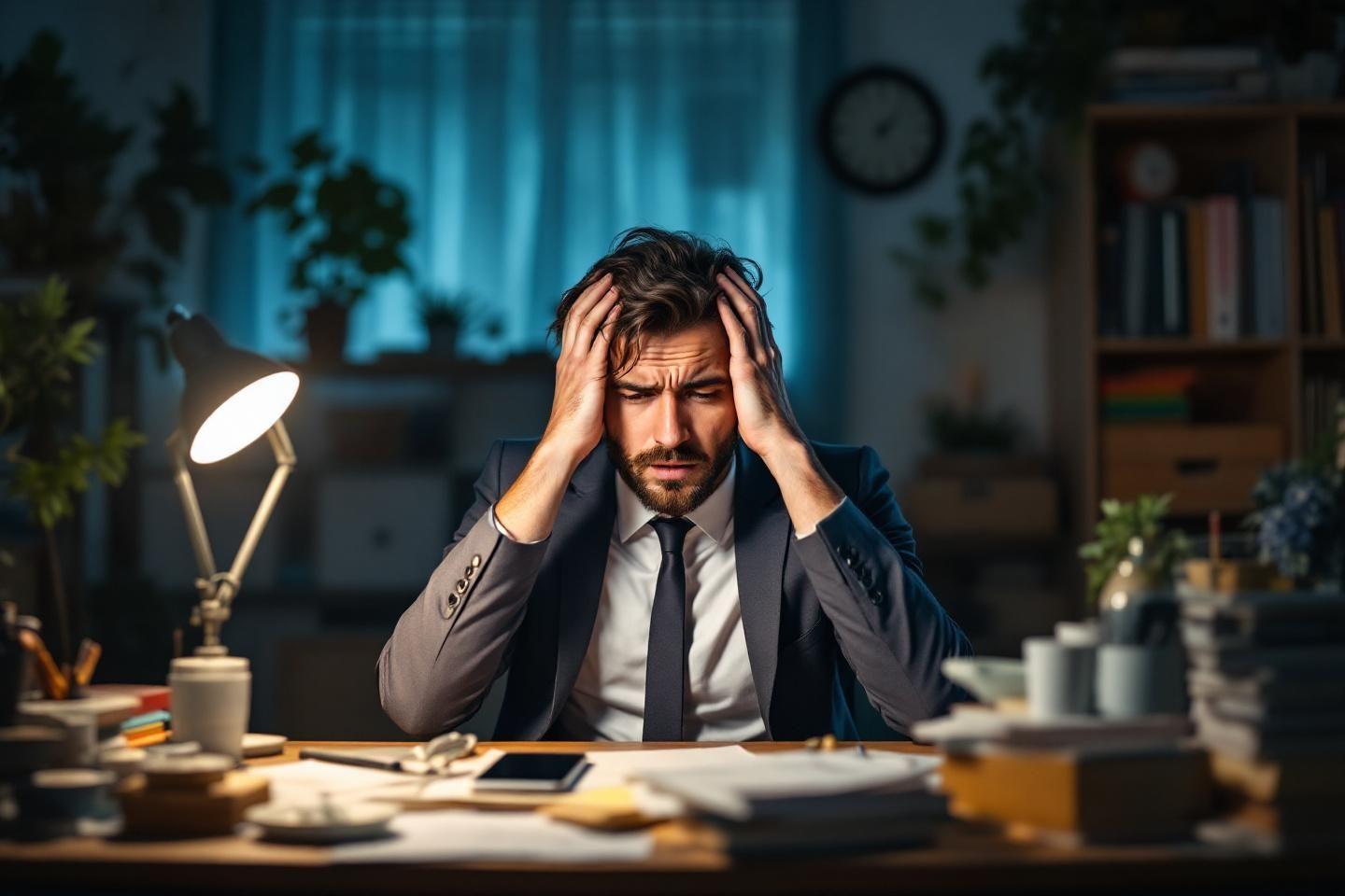 Homme d'affaires fatigué, la tête dans les mains