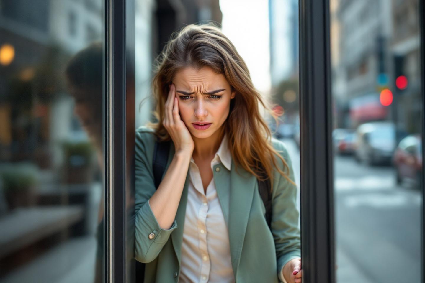 Femme stressée appuyée contre une fenêtre de ville