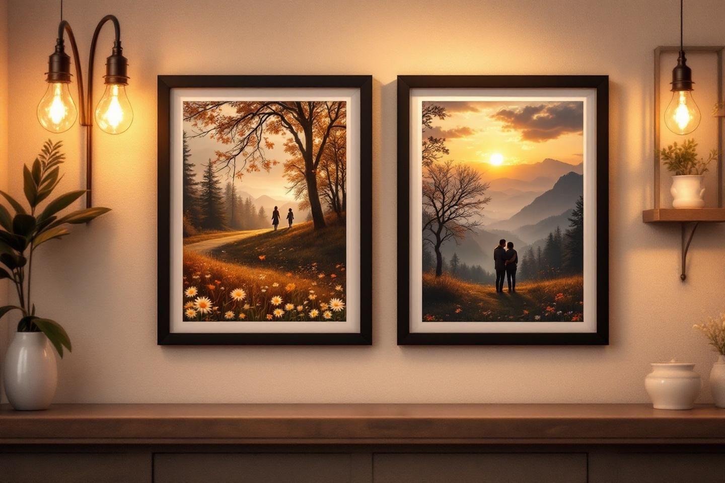 Deux cadres avec des scènes de nature et silhouettes