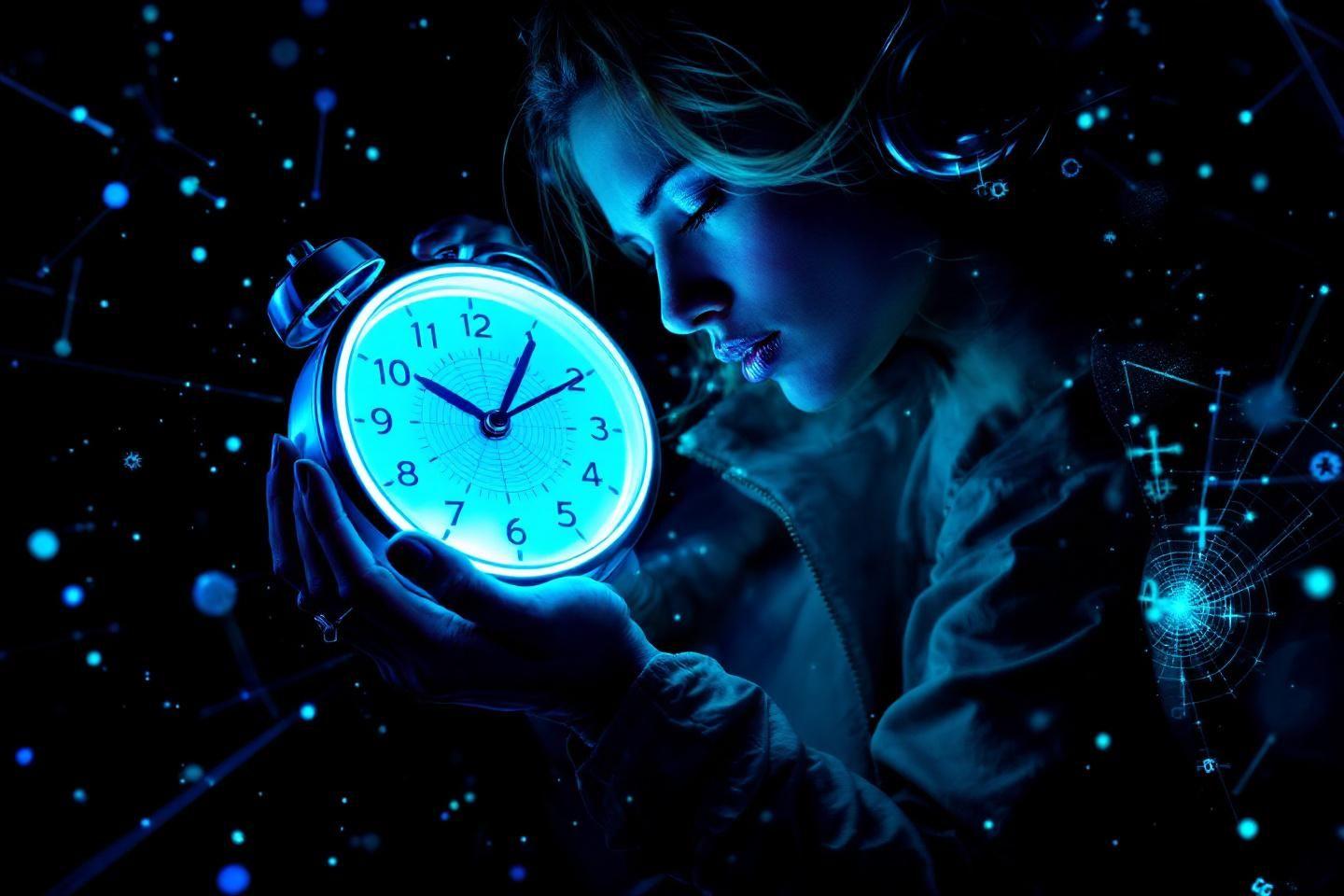 Femme tenant une horloge brillante dans un univers bleu mystérieux