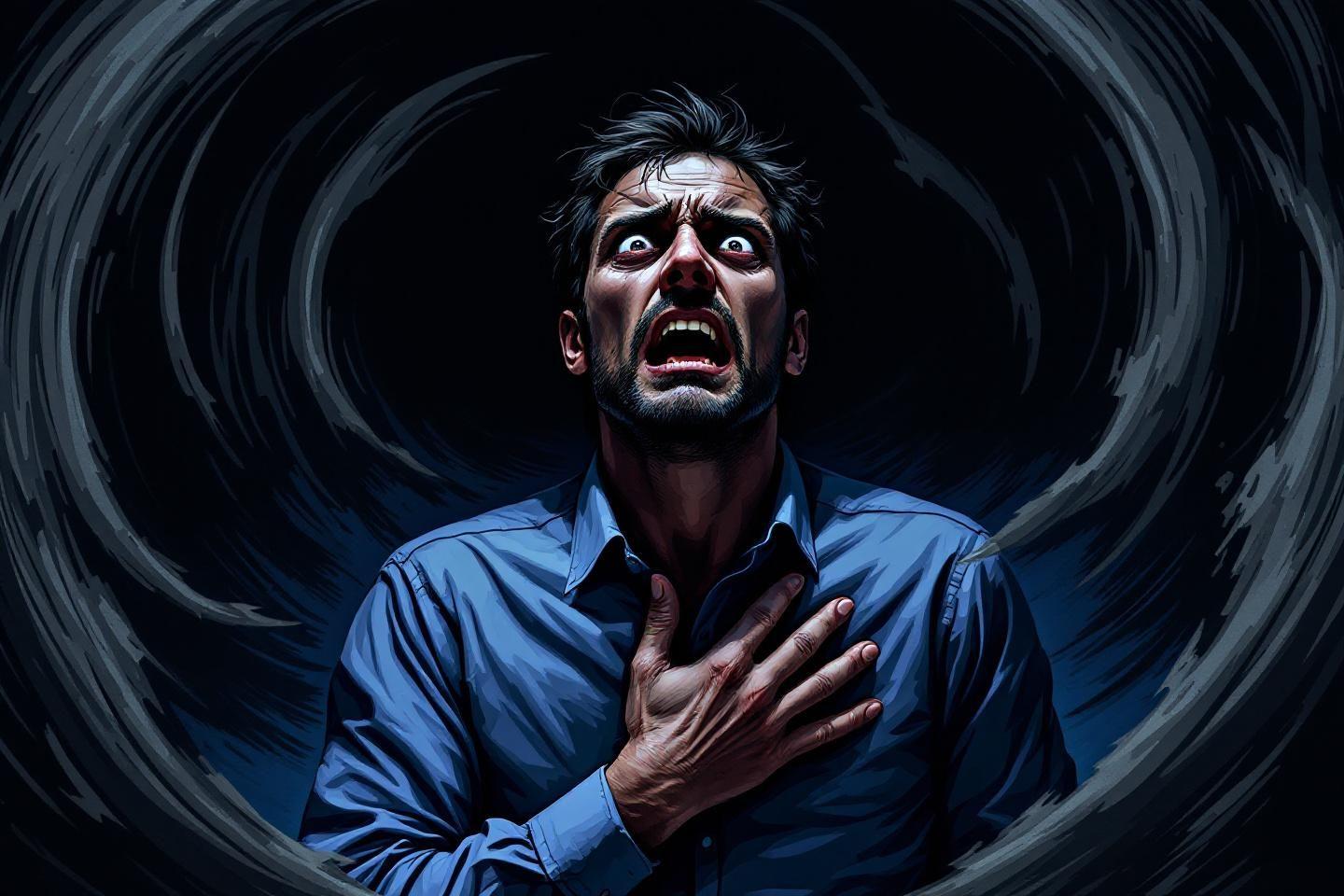 Homme effrayé hurlant dans un tourbillon sombre