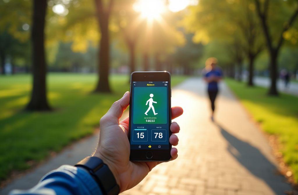 Smartphone montrant une application de marche avec coureur en arrière-plan