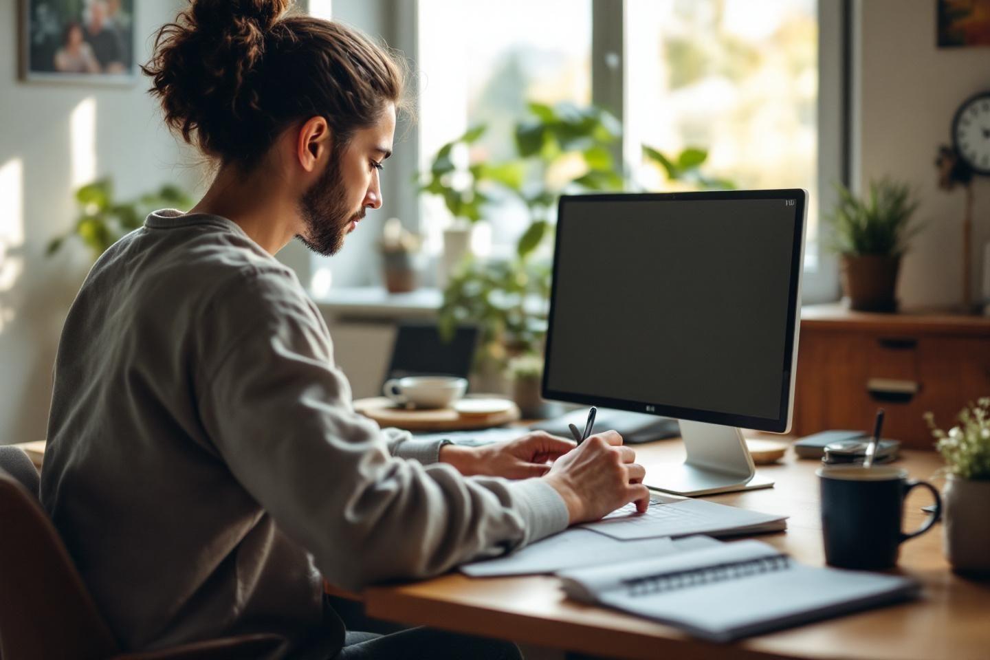 Personne travaillant sur ordinateur dans un environnement lumineux et végétal