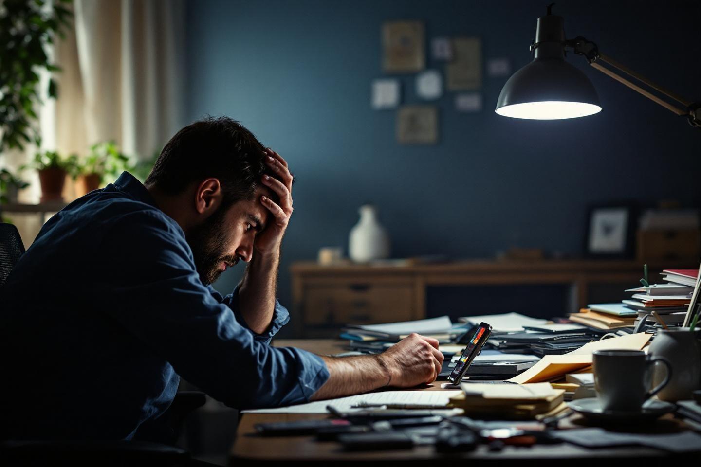 Homme épuisé travaillant tard, la tête dans une main