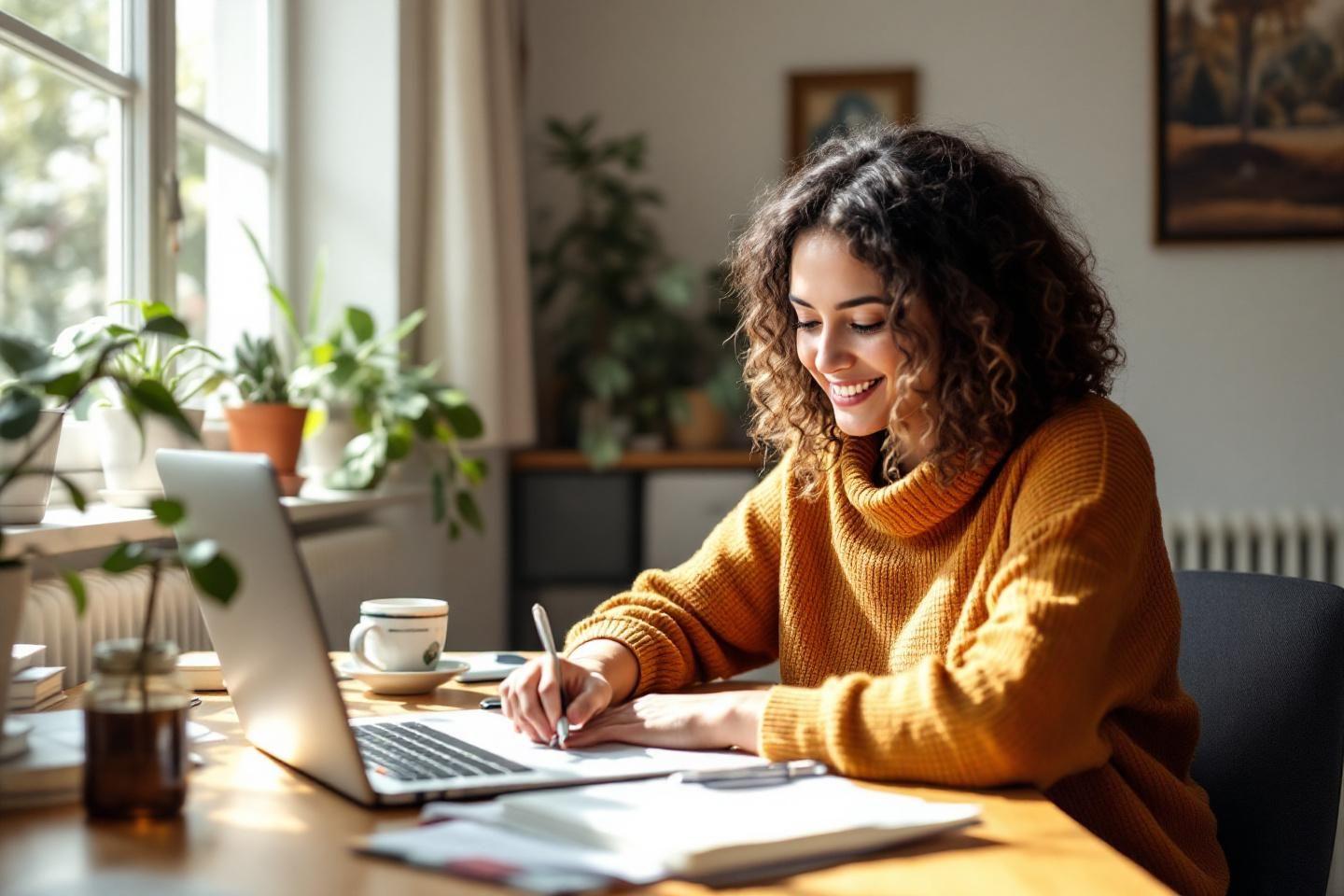 Femme souriante travaillant sur ordinateur portable près d'une fenêtre