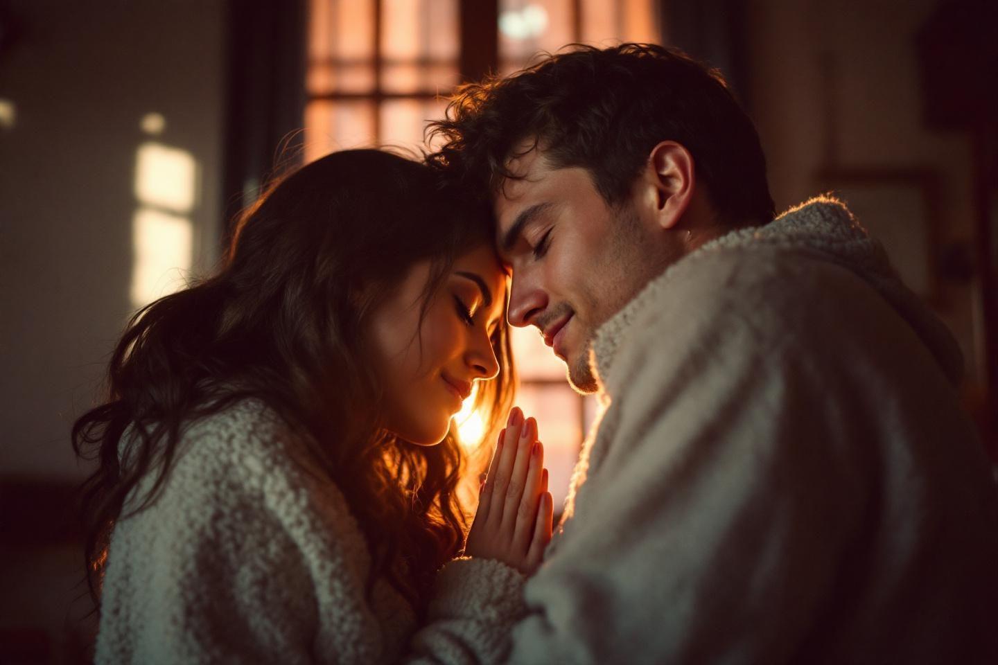 Deux personnes proches, éclairées par une lumière douce