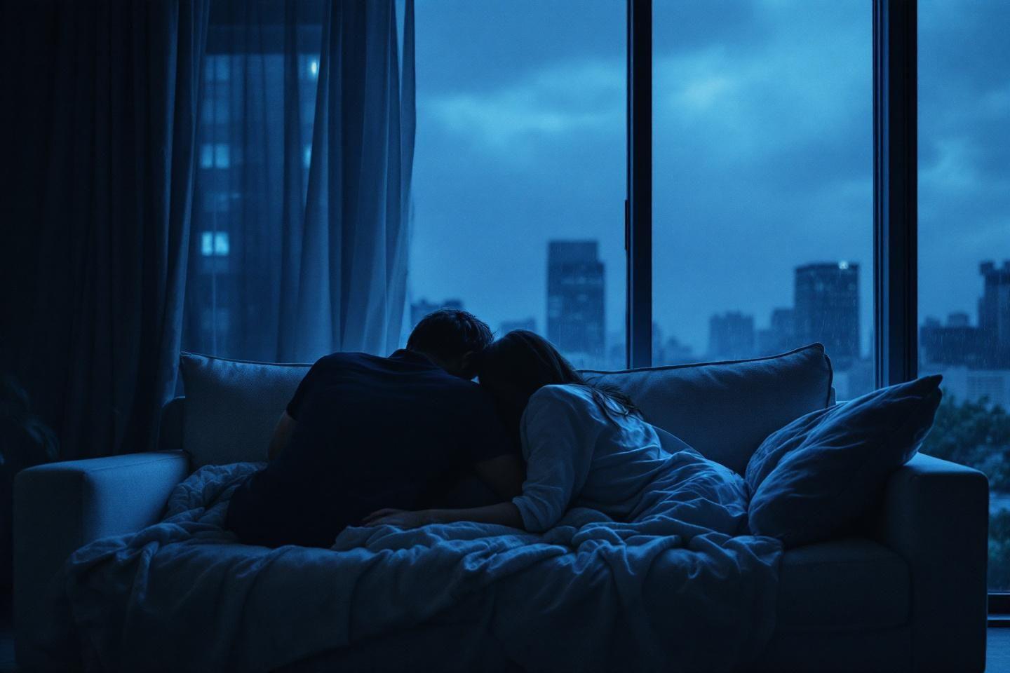 Deux silhouettes enlacées sur un canapé, vue sur la ville
