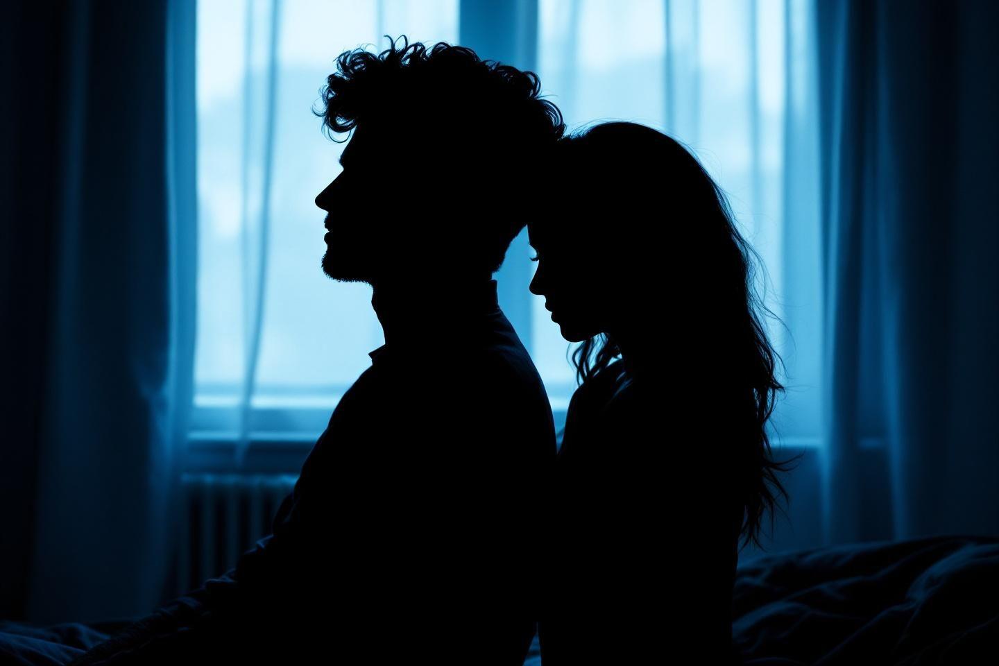 Silhouettes enlacées devant une fenêtre bleue, intimité nocturne