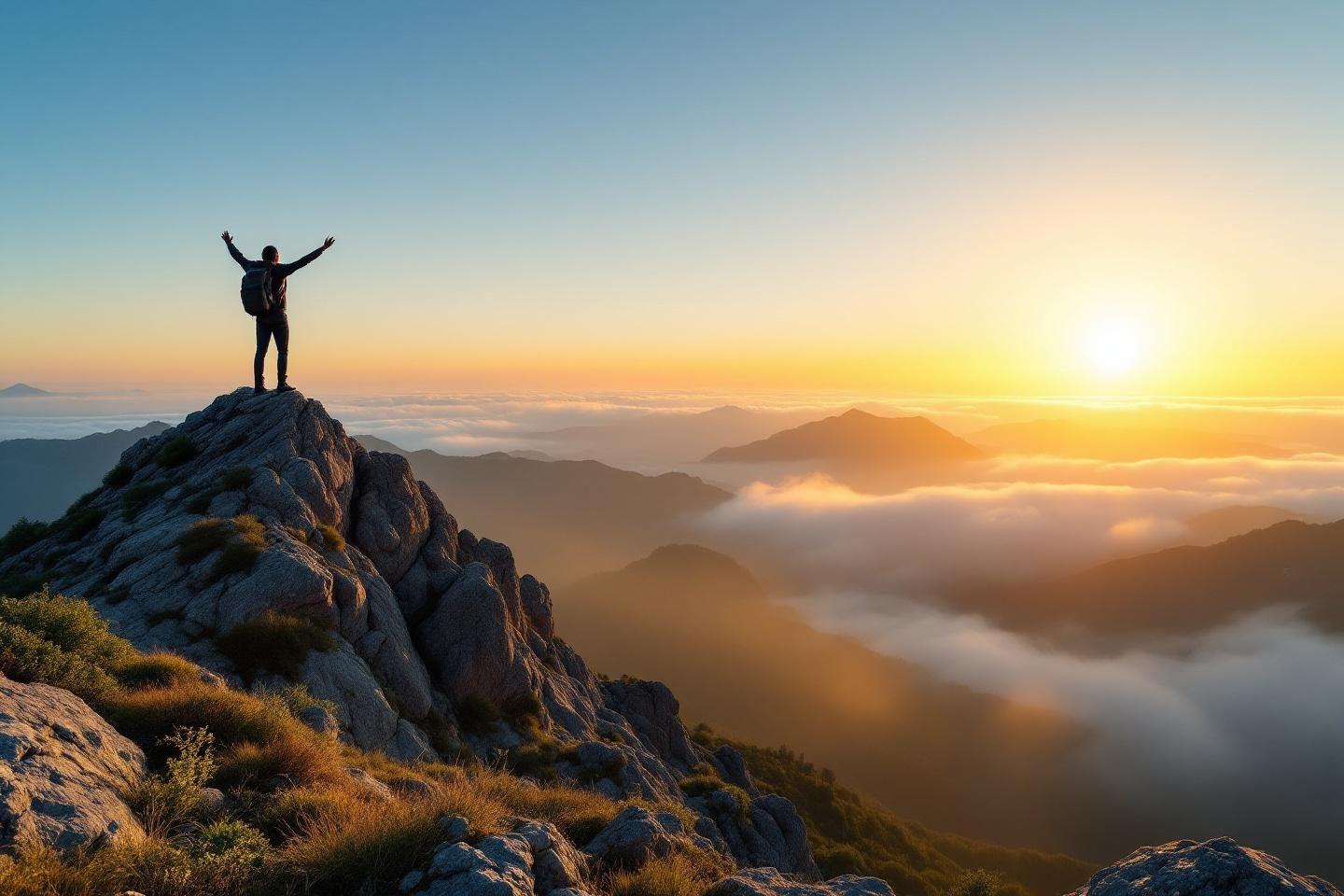 Silhouette victorieuse dominant des montagnes brumeuses au lever du soleil