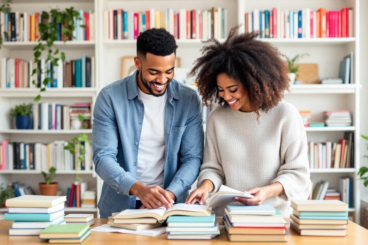 Deux personnes souriant ensemble autour de livres, étagères en fond