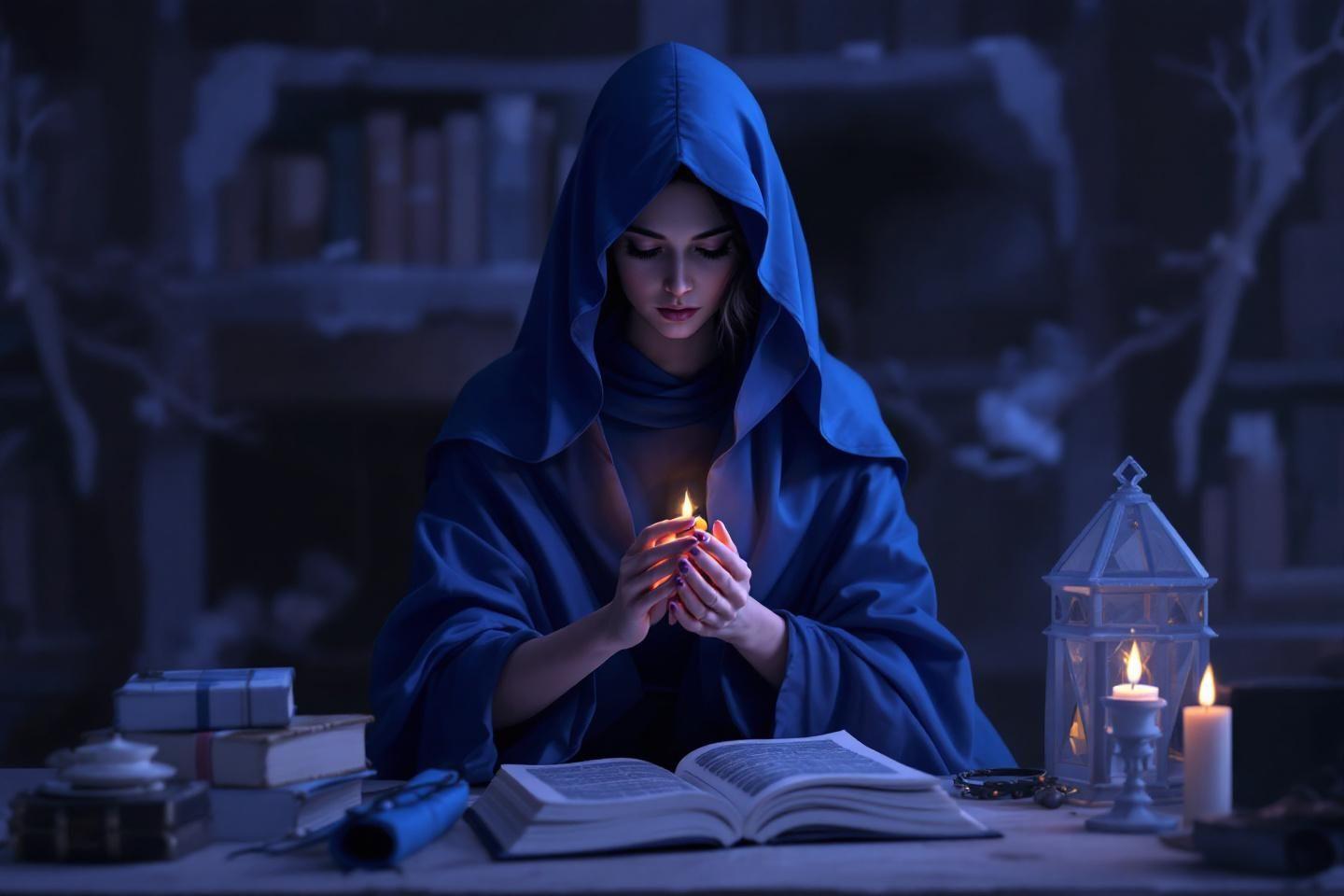 Silhouette à capuche bleue lisant un livre près de bougies