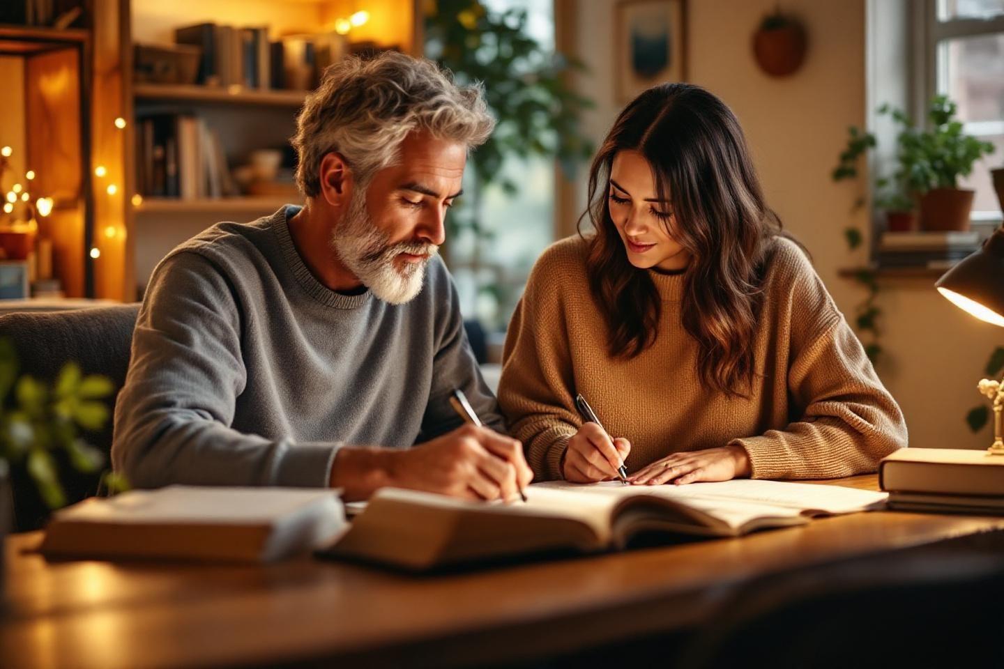 Deux personnes écrivant ensemble dans un intérieur chaleureux