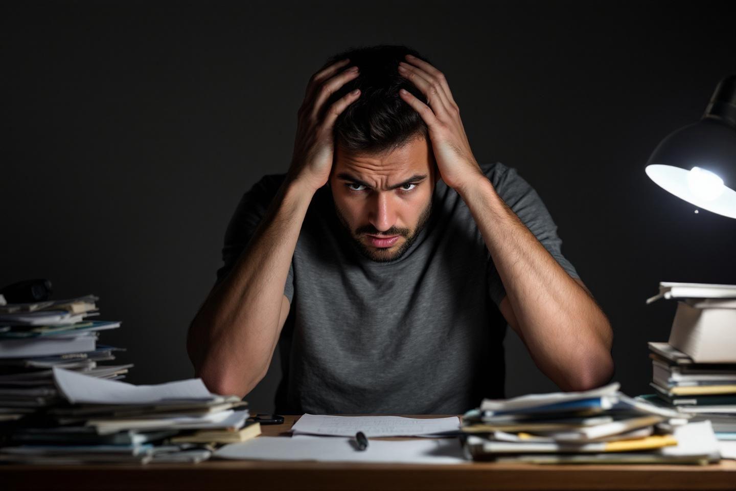 Jeune homme épuisé, tenant sa tête entouré de livres et documents