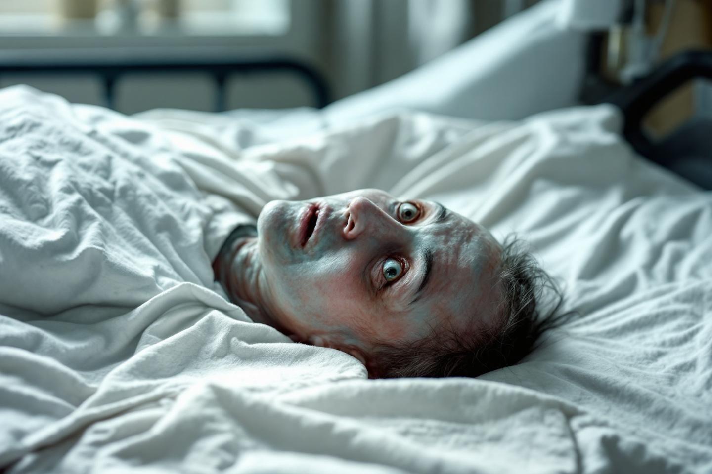 Personne allongée, regard inquiet, draps blancs hospitaliers