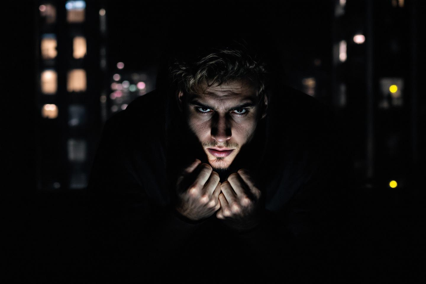 Portrait sombre d'un homme aux yeux intenses sous un éclairage mystérieux