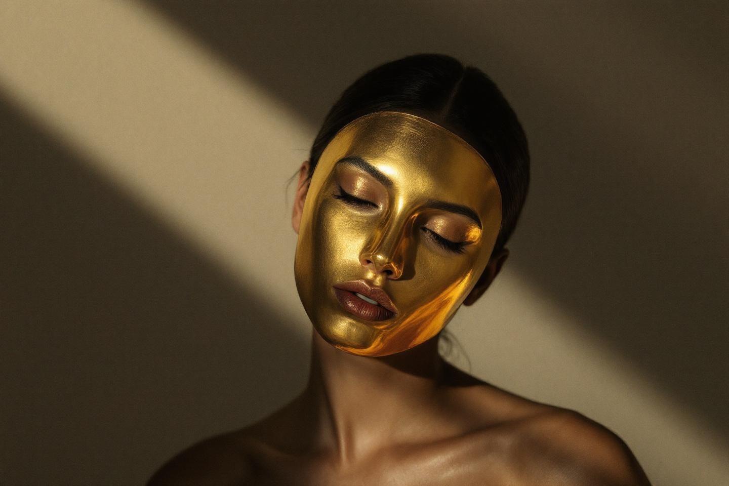 Portrait d'un visage recouvert d'une peinture dorée, yeux fermés