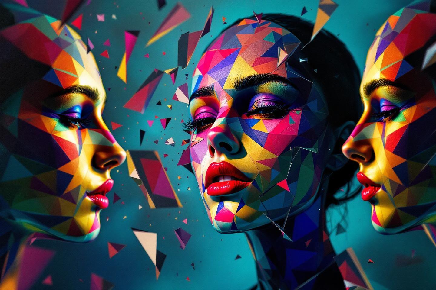 Portraits stylisés fragmentés avec des formes géométriques colorées