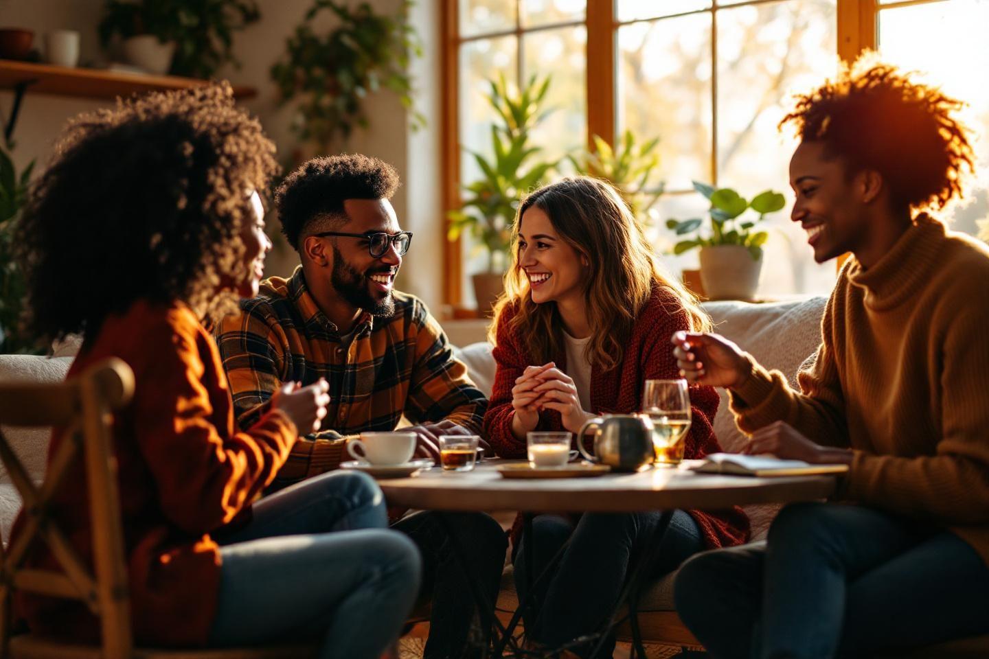 Groupe d'amis discutant autour d'une table avec des boissons