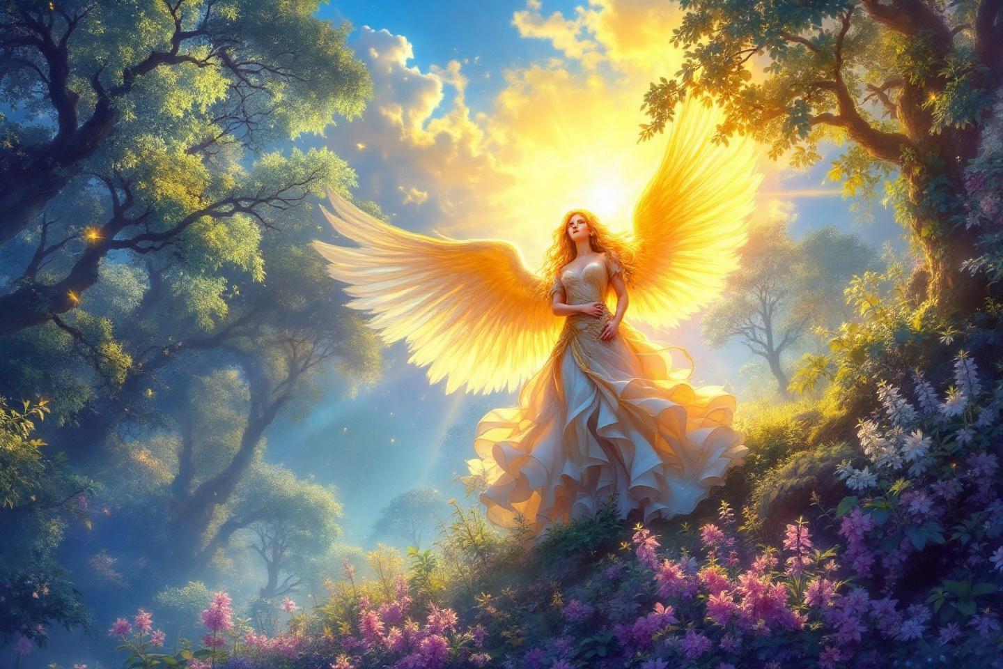 Ange doré aux ailes déployées dans un paysage féerique enchanté