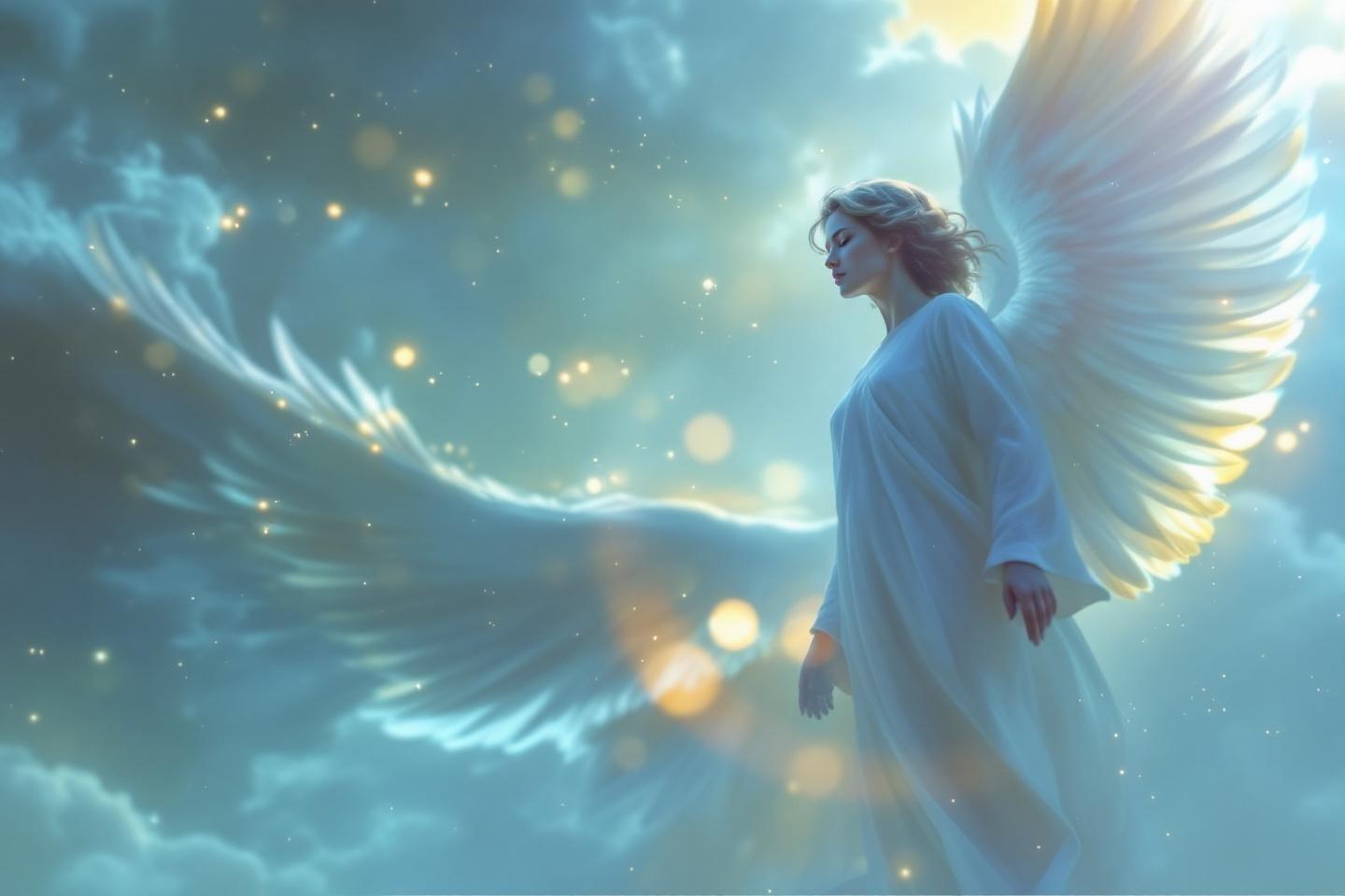 Silhouette angélique lumineuse planant dans un ciel éthéré
