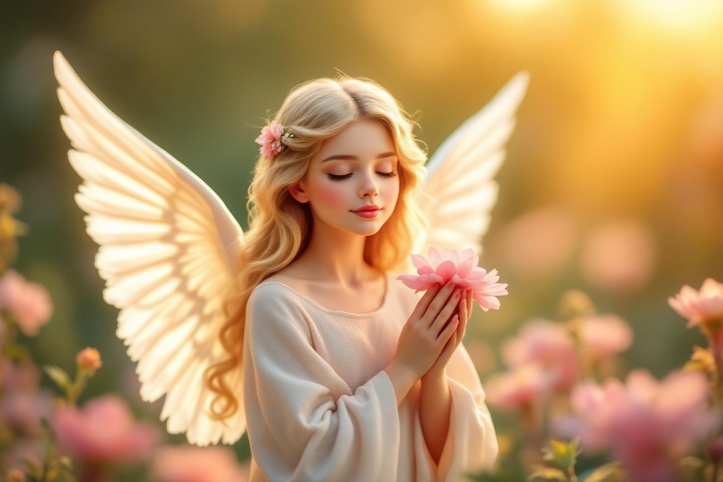 Ange ailé tenant une fleur rose dans un champ lumineux