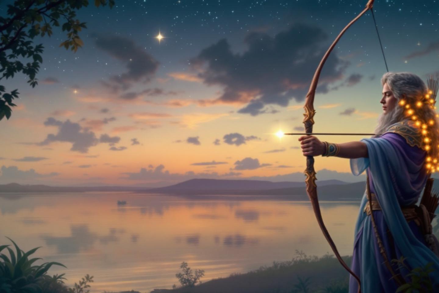 Archer vêtu de bleu, arc tendu, lac et ciel nocturne