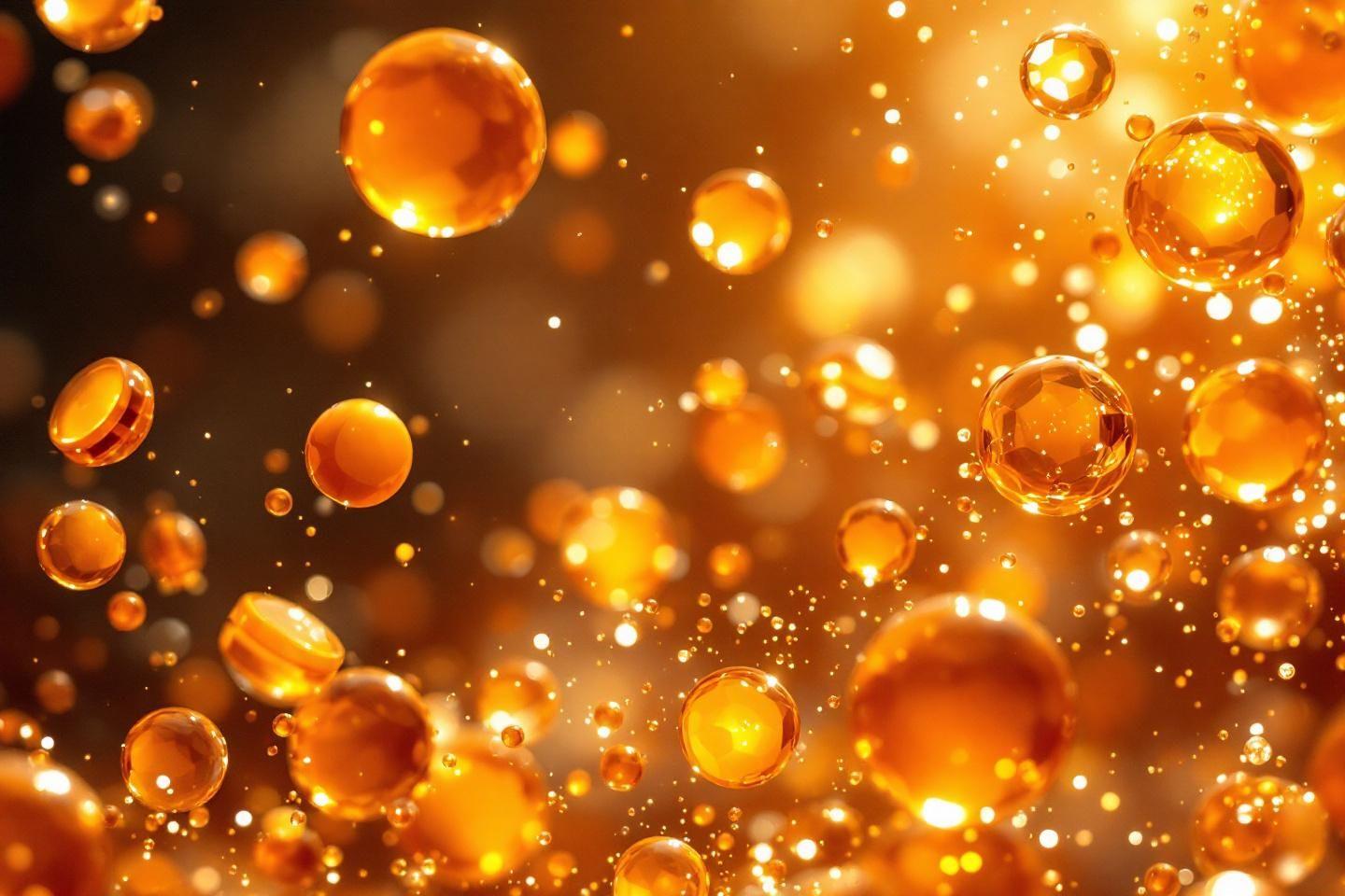 Sphères dorées scintillantes flottant dans un espace lumineux