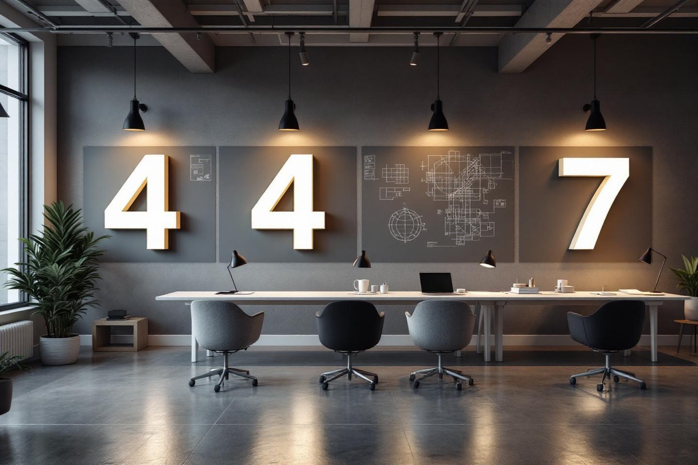 Espace de travail industriel avec grands chiffres et table blanche