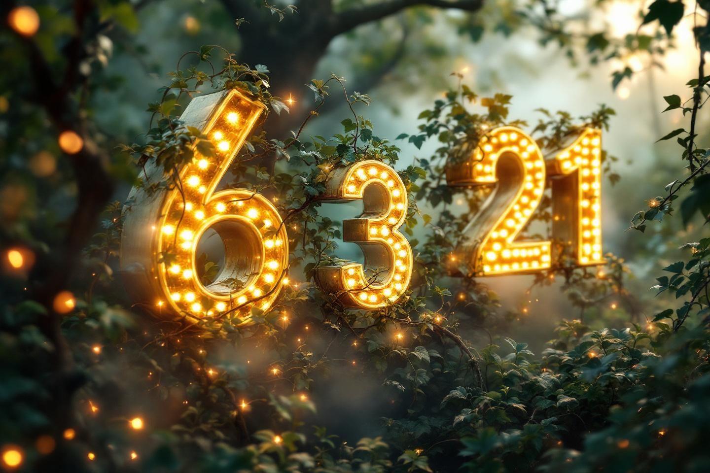 Numéros 6, 3 et 21 illuminés dans un environnement forestier verdoyant