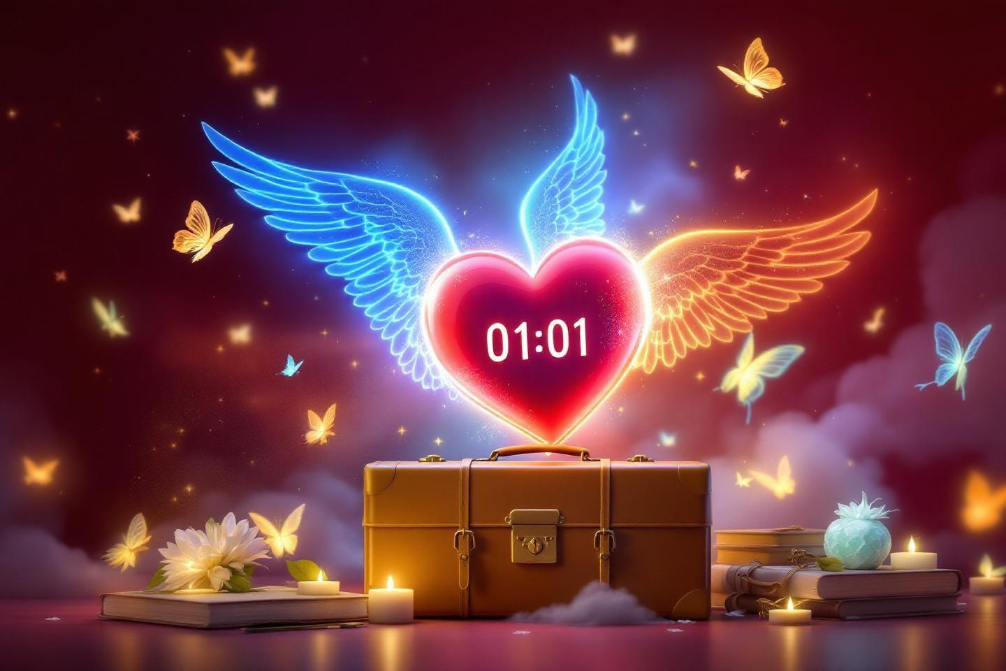 Cœur lumineux à 01h01, ailes, papillons et valise vintage