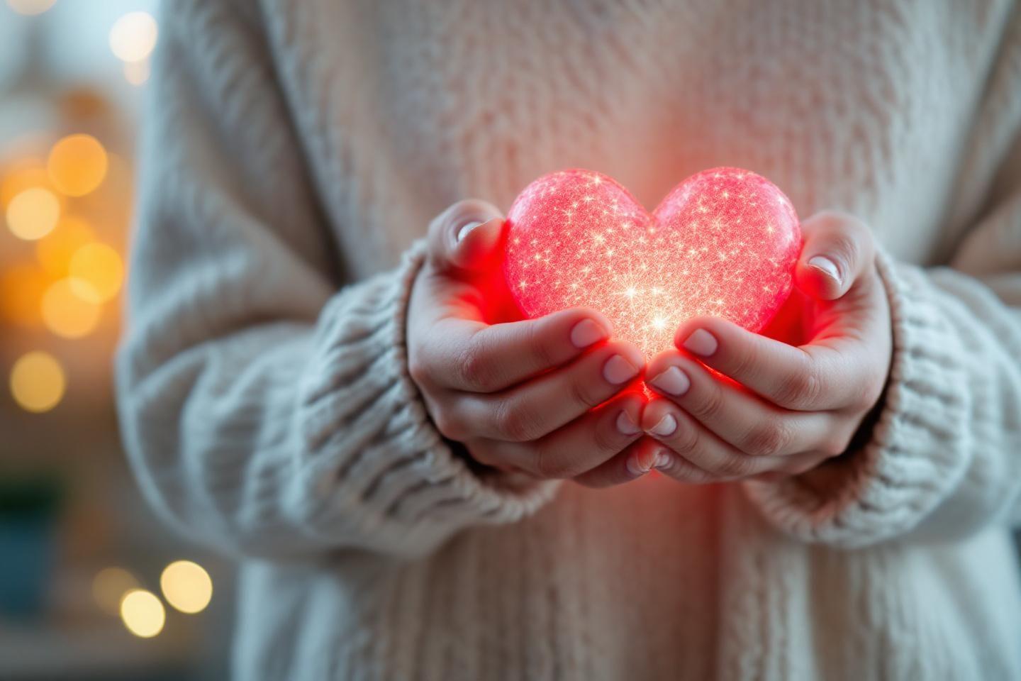 Mains dans un pull tenant un cœur rouge brillant