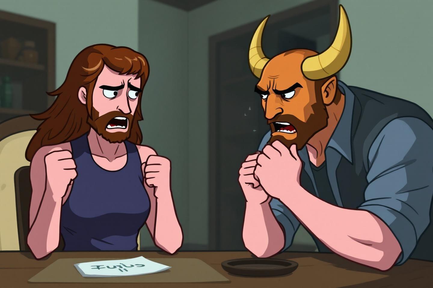 Deux personnages aux expressions hostiles se font face