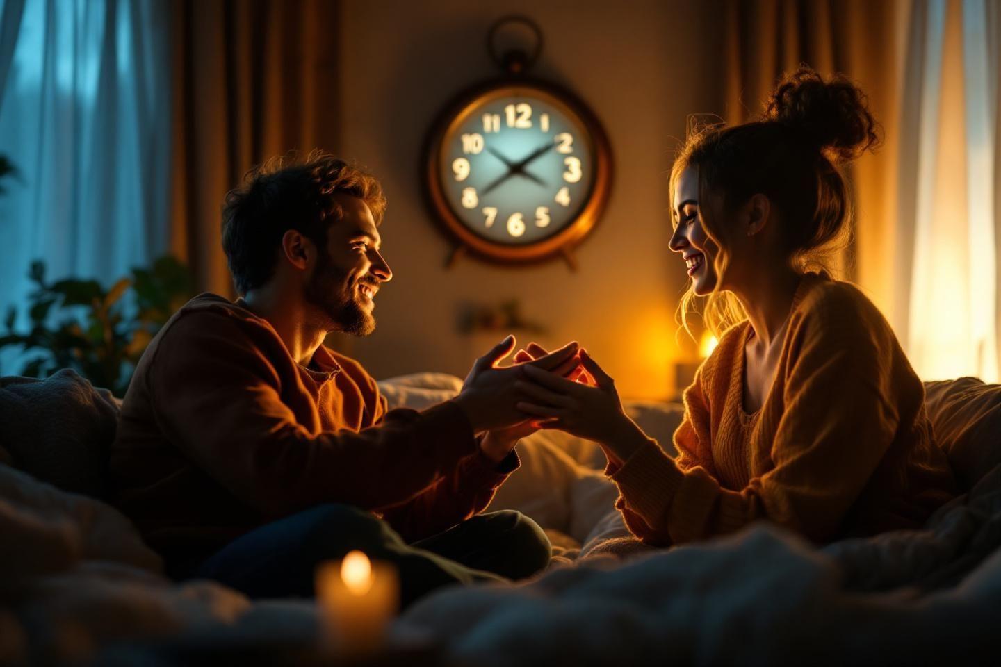 Deux personnes, lumière tamisée, horloge en arrière-plan