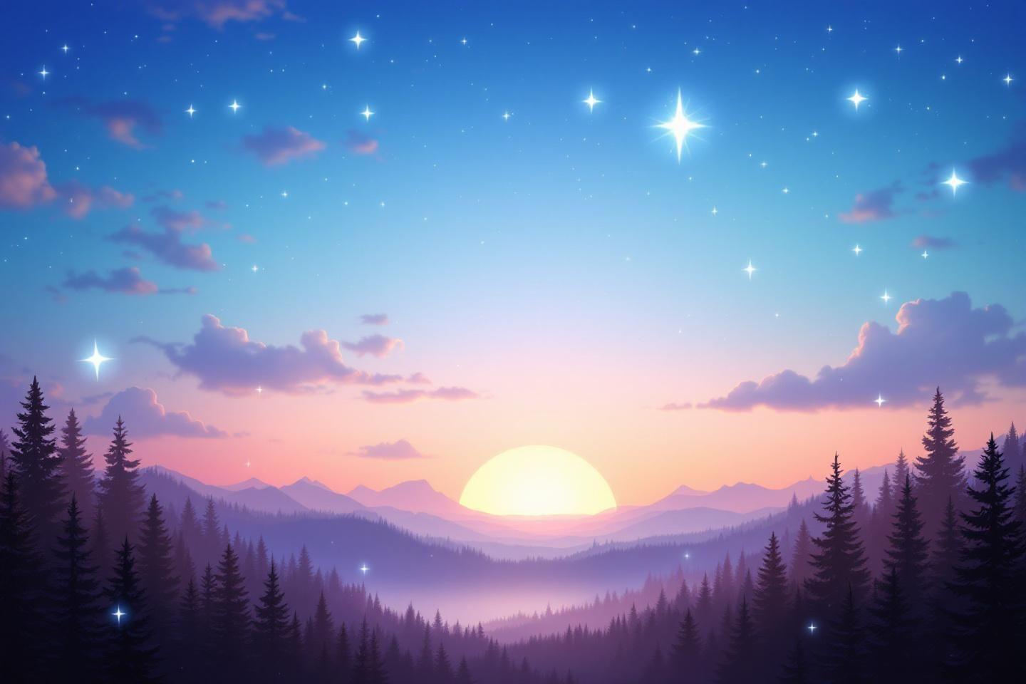 Paysage de montagne avec forêt de sapins et ciel étoilé