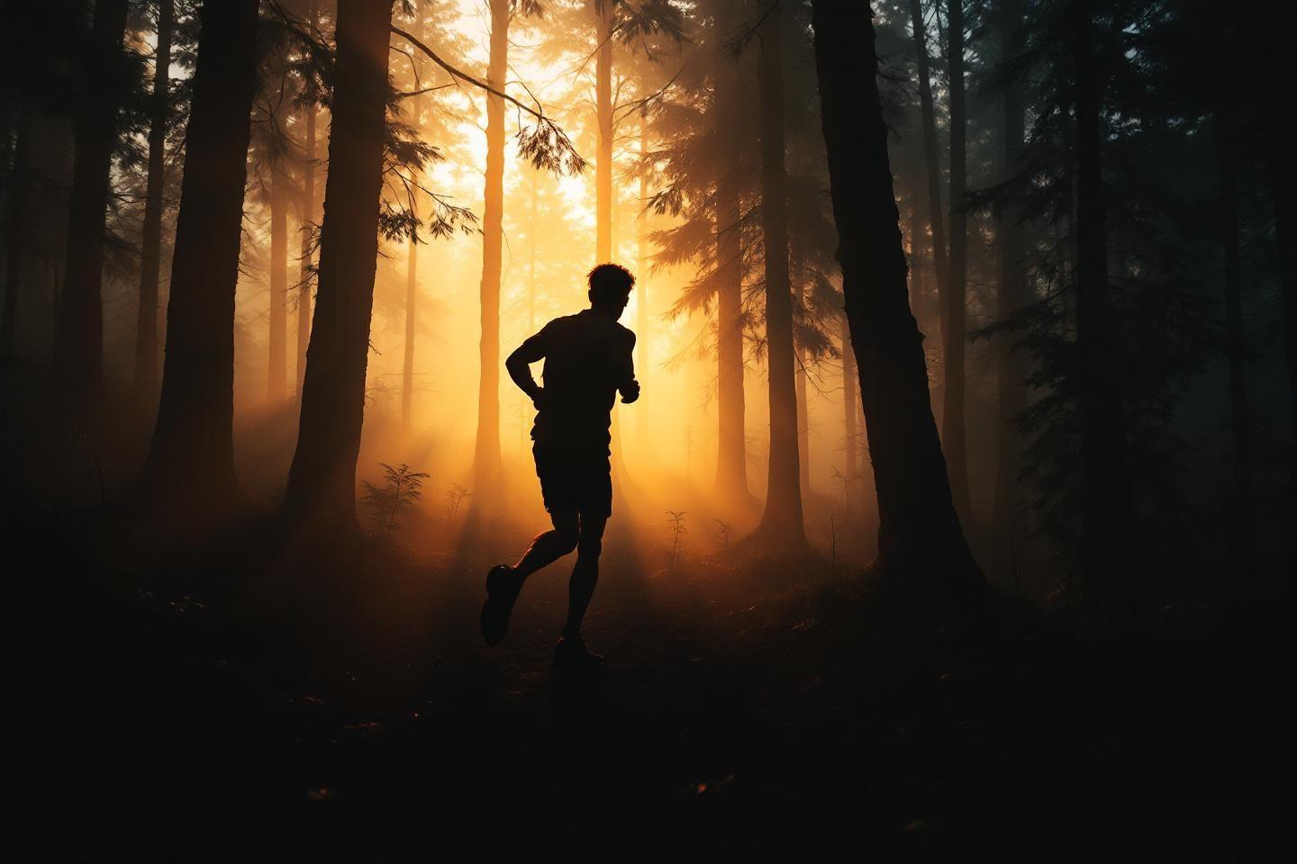 Silhouette d'un jogger dans une forêt lumineuse et mystérieuse