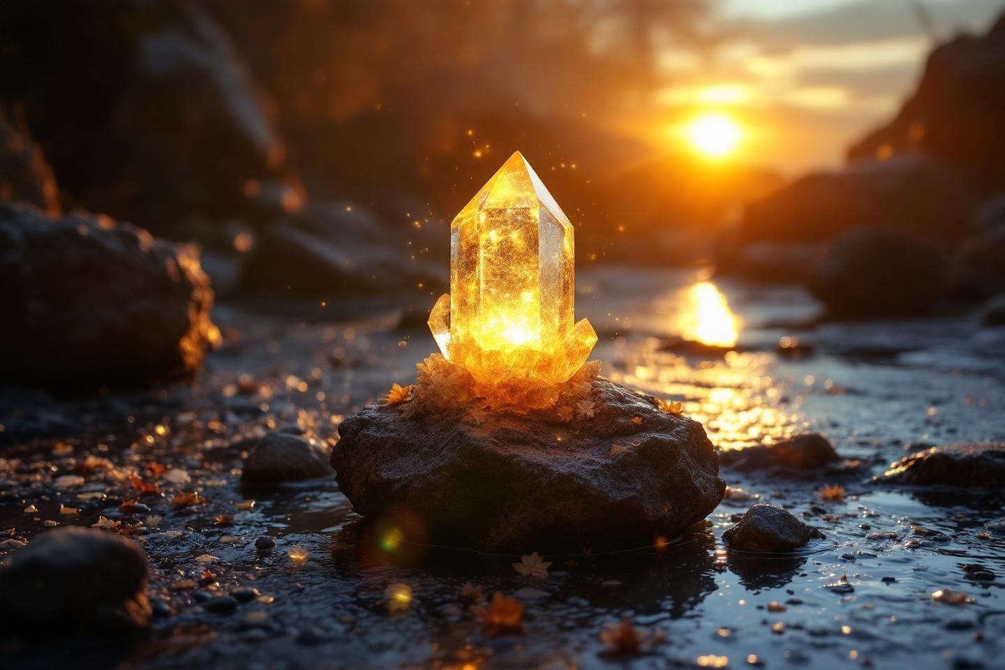Cristal doré brillant sur un rocher près de l'eau