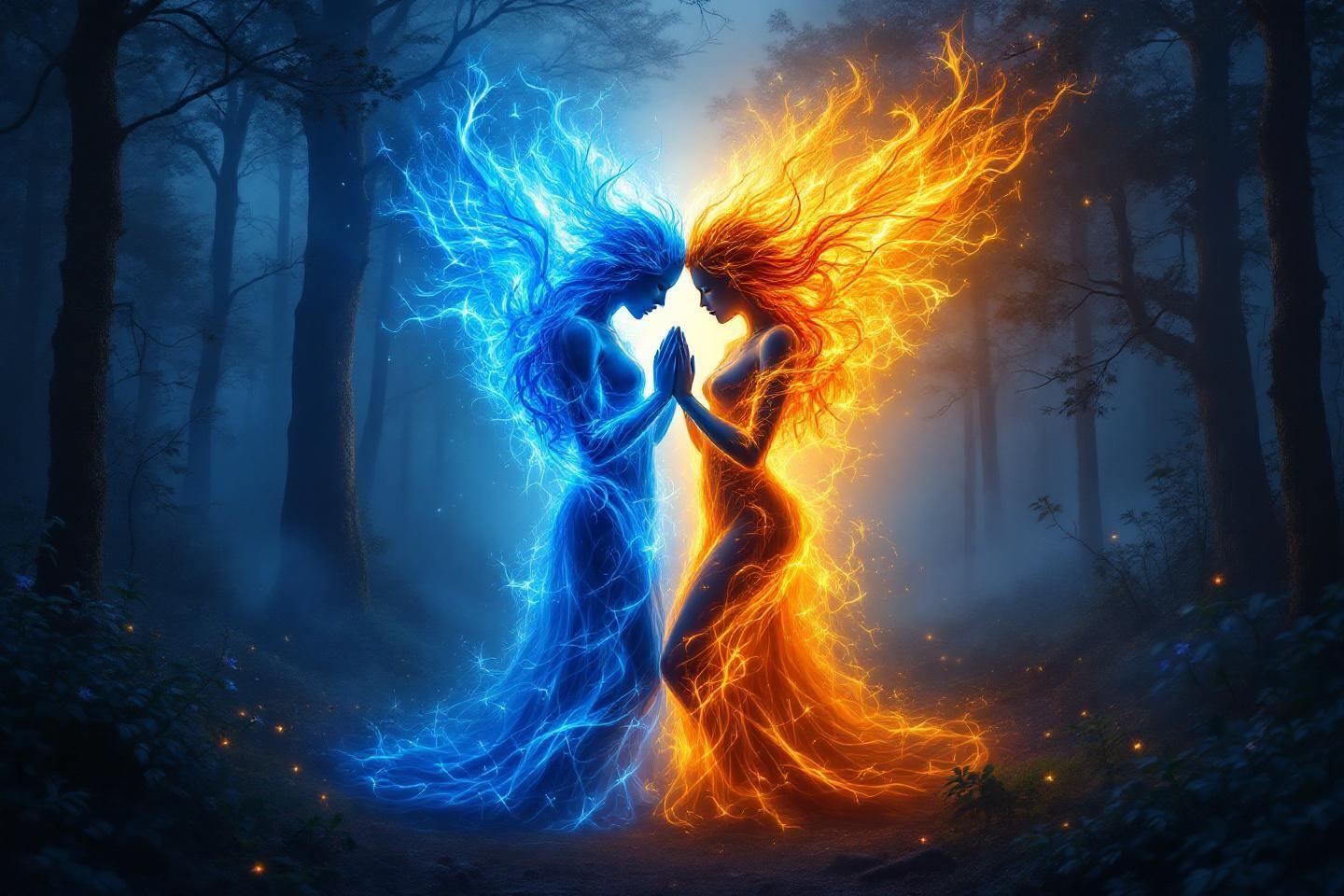 Deux silhouettes de feu bleu et orange face à face