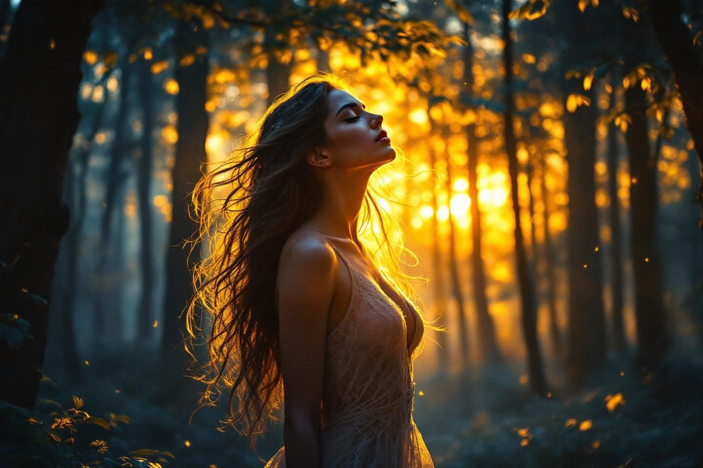 Femme en robe dans une forêt lumineuse et dorée