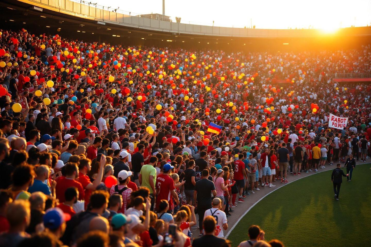Stade rempli de spectateurs avec des ballons colorés au coucher du soleil