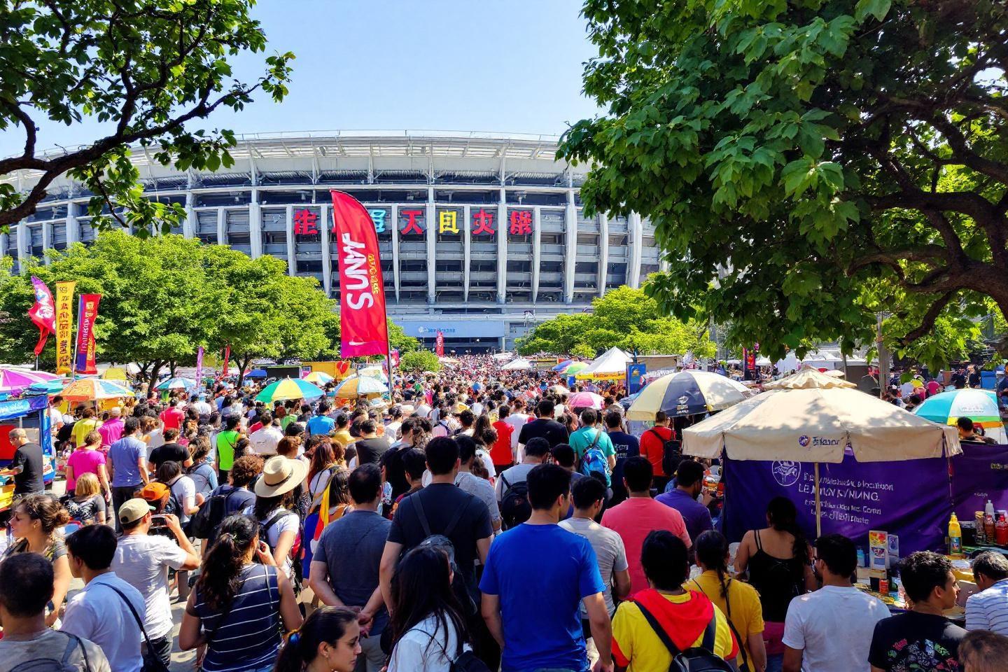 Événement Bondé Avec Des Stands Et Un Stade En Arrière-Plan